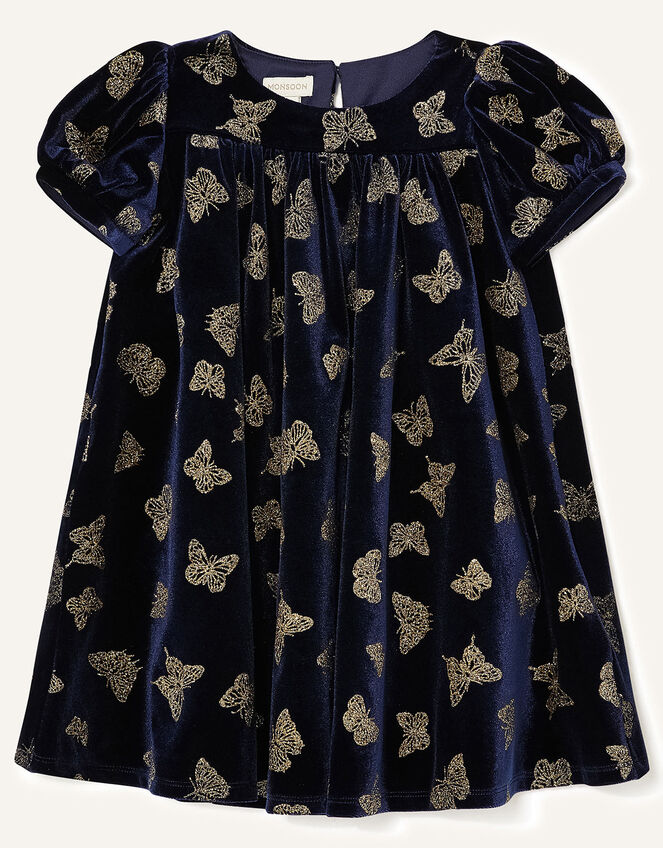 Baby Glitter Butterfly Velvet Dress, Blue (NAVY), large