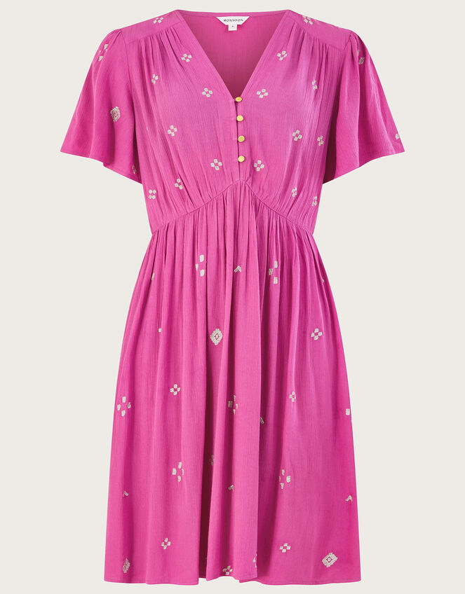 Embroidered Crinkle Short Dress in LENZING™ ECOVERO™, Pink (PINK), large