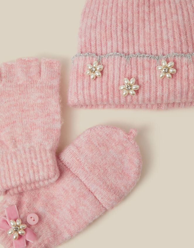 Scallop Beanie Hat & Fingerless Gloves Set, Pink (PINK), large