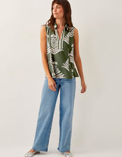 Pamela Linen Blend Sleeveless Leaf Print Top, Green (GREEN), large