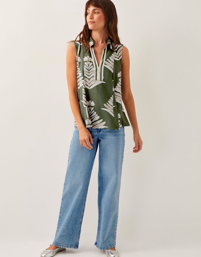 Pamela Linen Blend Sleeveless Leaf Print Top, Green (GREEN), large