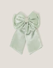 Long Pearl Satin Bow Hair Clip, Green (SAGE), large
