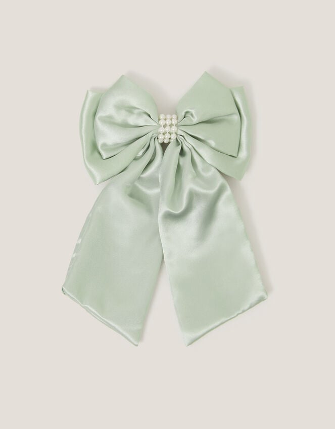 Long Pearl Satin Bow Hair Clip, Green (SAGE), large