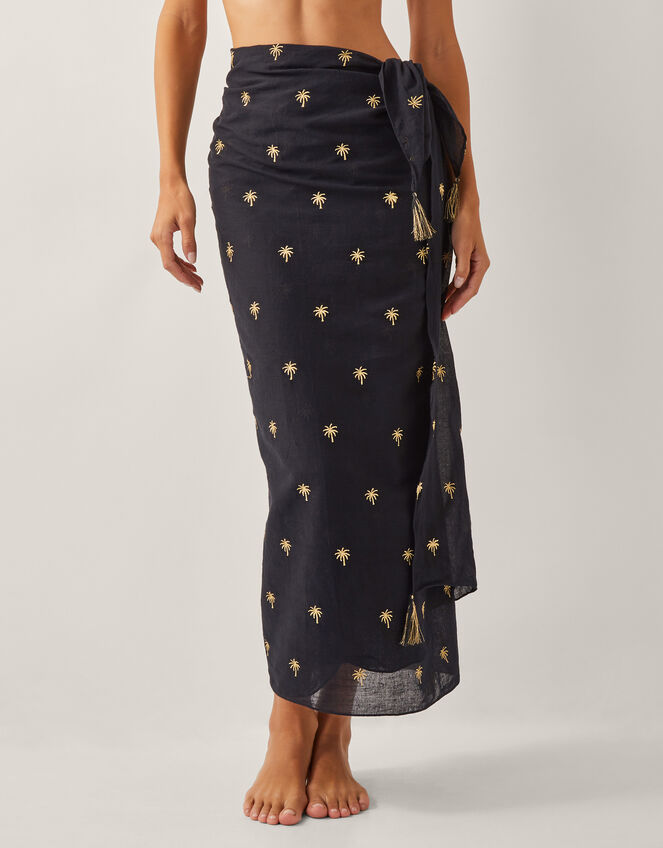 Ivy Palm Embroidered Sarong, Black (BLACK), large
