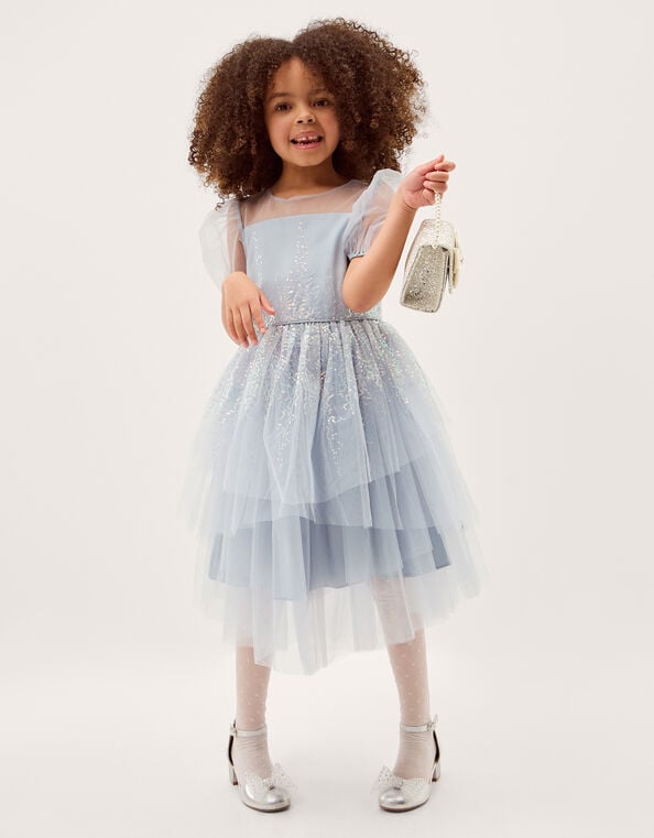 Sequin Puff Sleeve Tiered Party Dress, Blue (BLUE), large