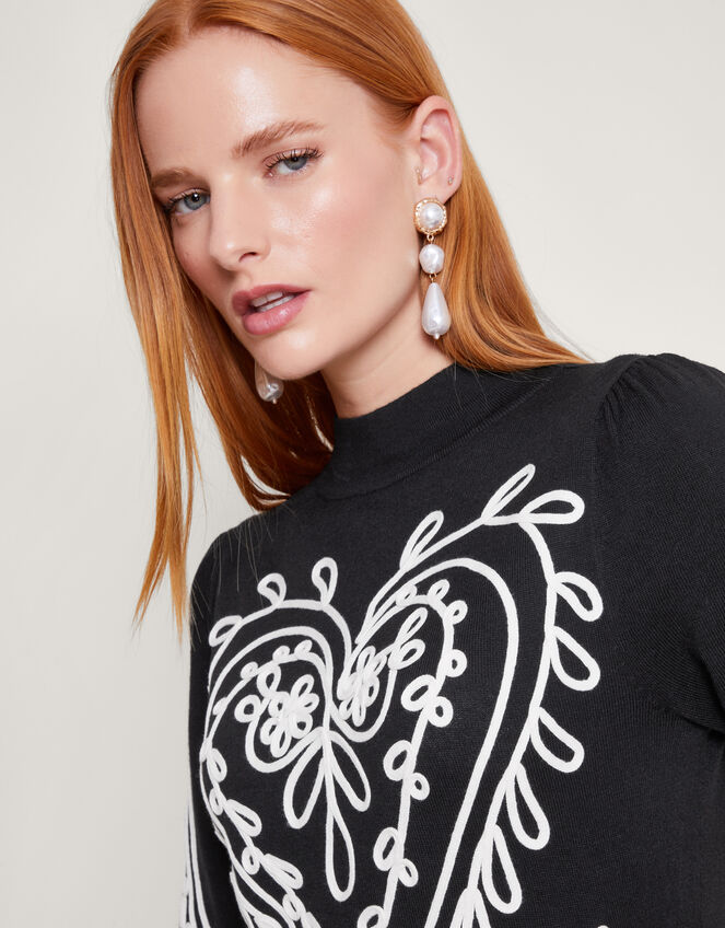 Heart Cornelli Embroidery Knit Dress, Black (BLACK), large