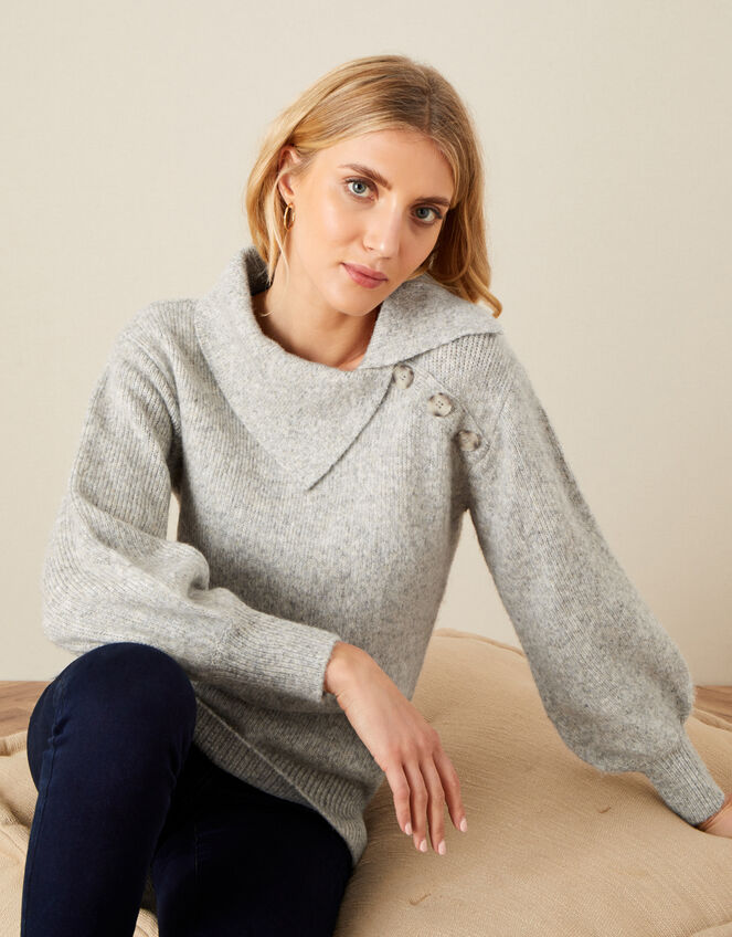 Serenity Split Neck Knit Jumper, Grey (GREY), large