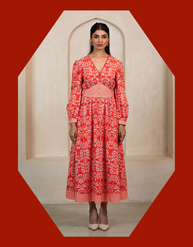 India & Mills Pippa Tropic Midi Dress, Red (RED), large