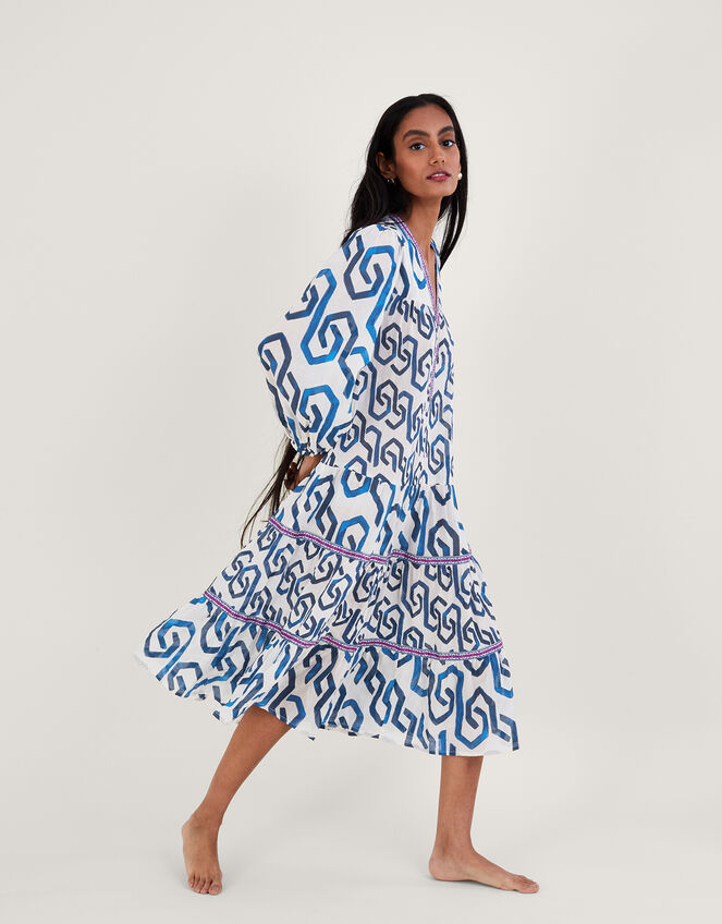 Blue Geometric Printed Flared Kaftan with Inner