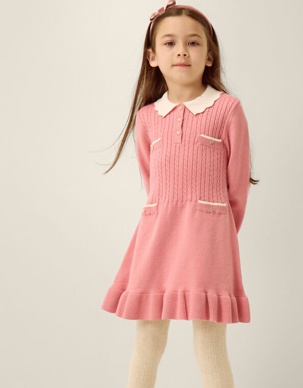 Long Sleeve Cable Knitted Dress, Pink (PINK), large