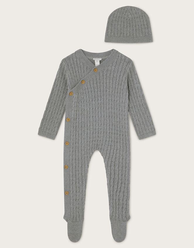 Newborn Cable Knit Romper and Hat Set, Grey (GREY), large