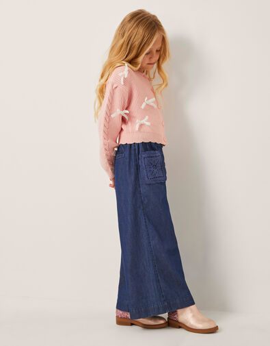 Wide Leg Chambray Crochet Trousers, Blue (BLUE), large