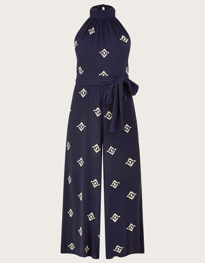Embroidered Motif Halter Neck Jumpsuit Blue | Jumpsuits | Monsoon UK.