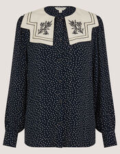 Ivy Embroidered Collar Polka Dot Blouse, Blue (NAVY), large