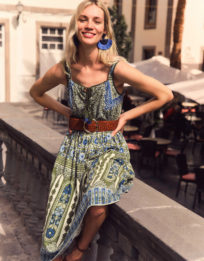 Floral Print Sleeveless Midi Dress, Green (KHAKI), large