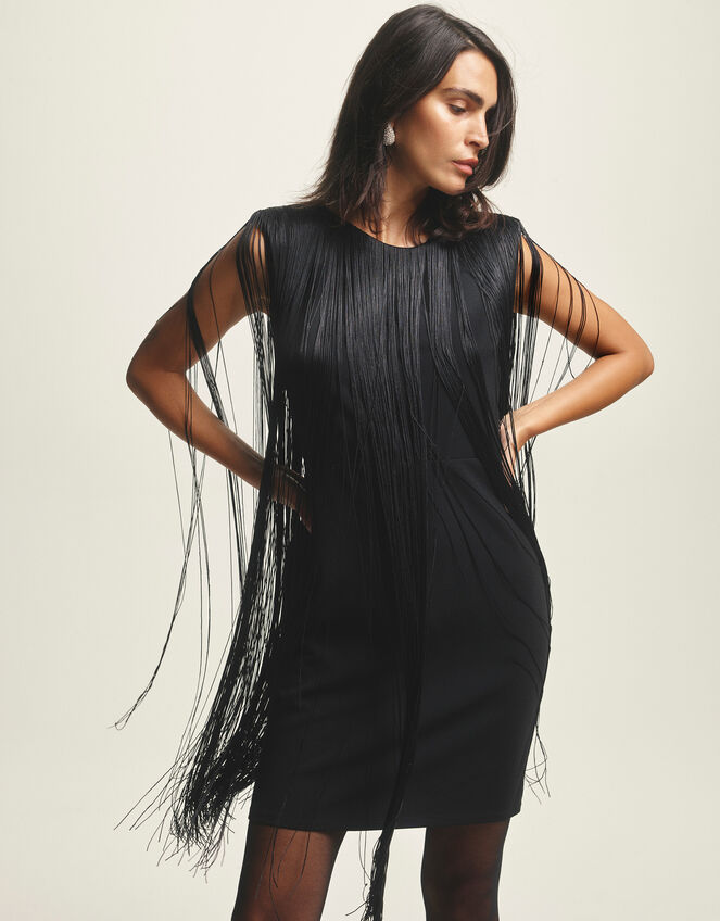Tara Sleeveless Fringe Mini Dress, Black (BLACK), large