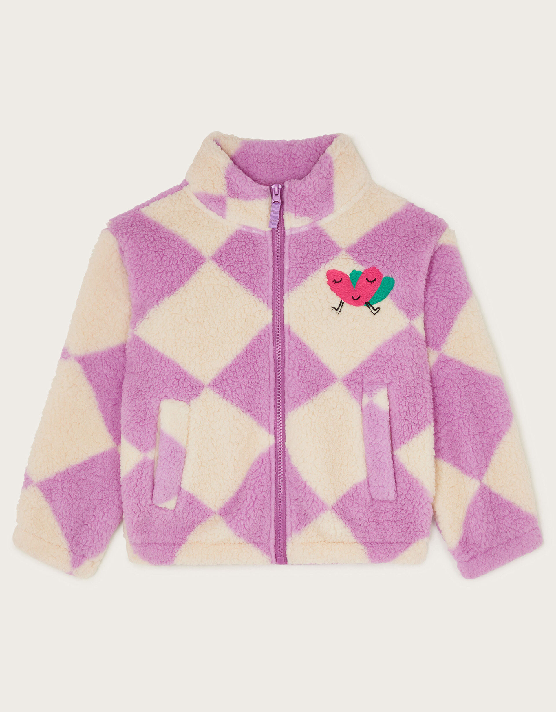 Check Print Heart Zip Fleece Jacket Purple