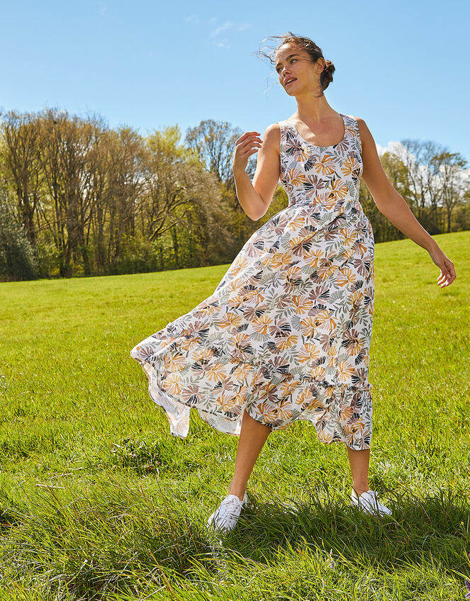 Palm Print Sundress in Linen Blend, Natural (STONE), large