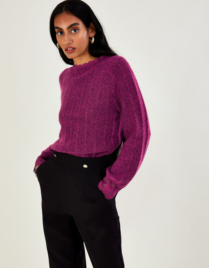 Lace Trim Jumper with Recycled Polyester Pink | Jumpers | Monsoon UK.
