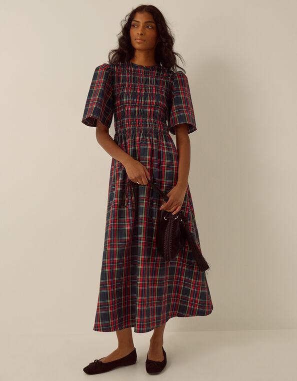 Dottie Short Sleeve Smocked Tartan Midi Dress, Red (RED), large