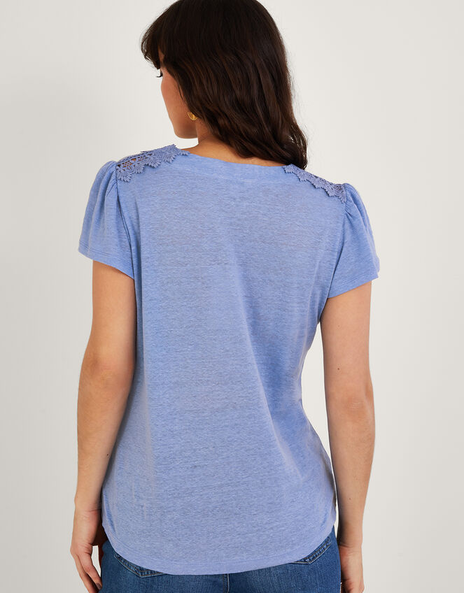 Lace V-Neck Short Sleeve Top in Linen Blend, Blue (BLUE), large