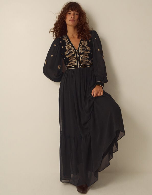 Ella Floral Embellished Velvet Maxi Dress, Black (BLACK), large