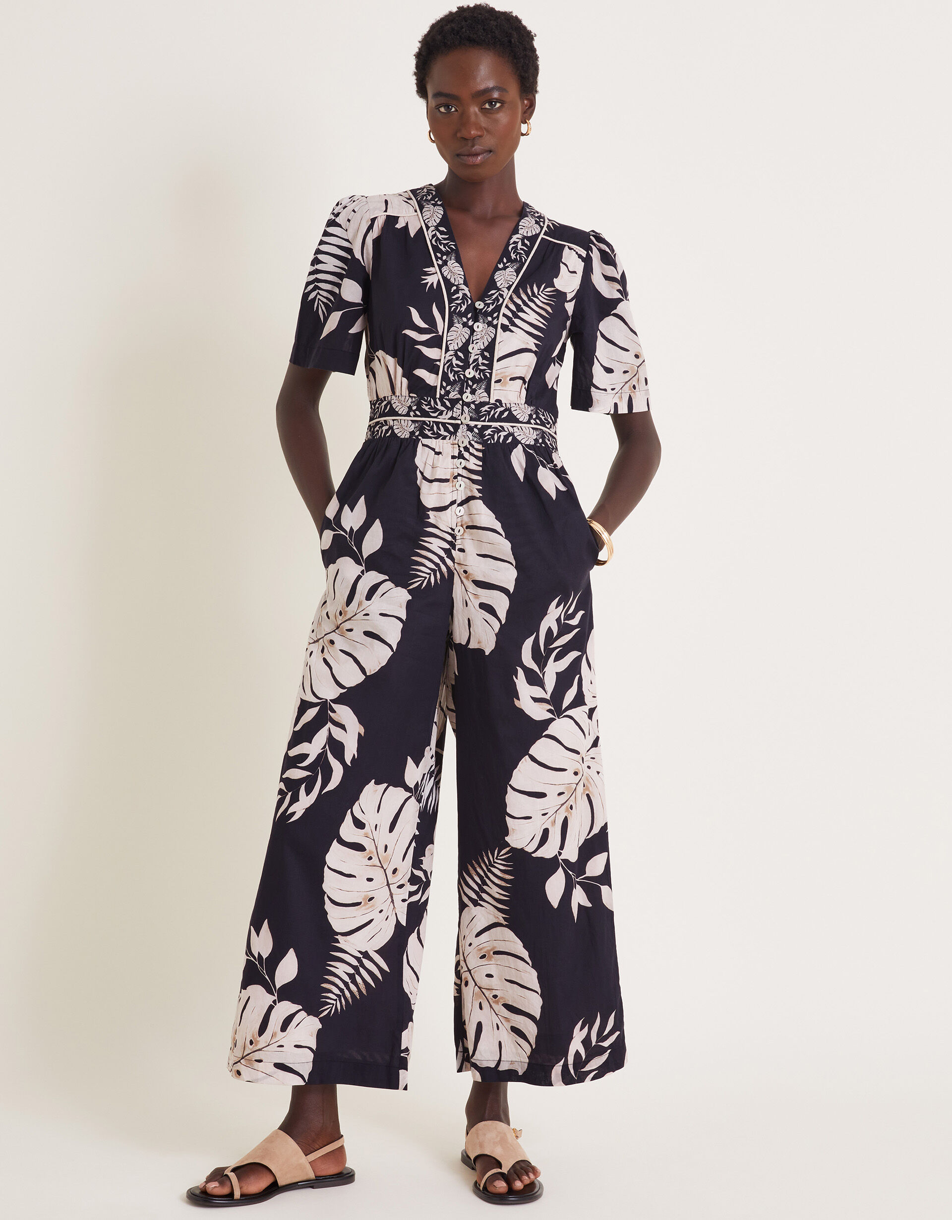 Petra Palm Print Jumpsuit Black