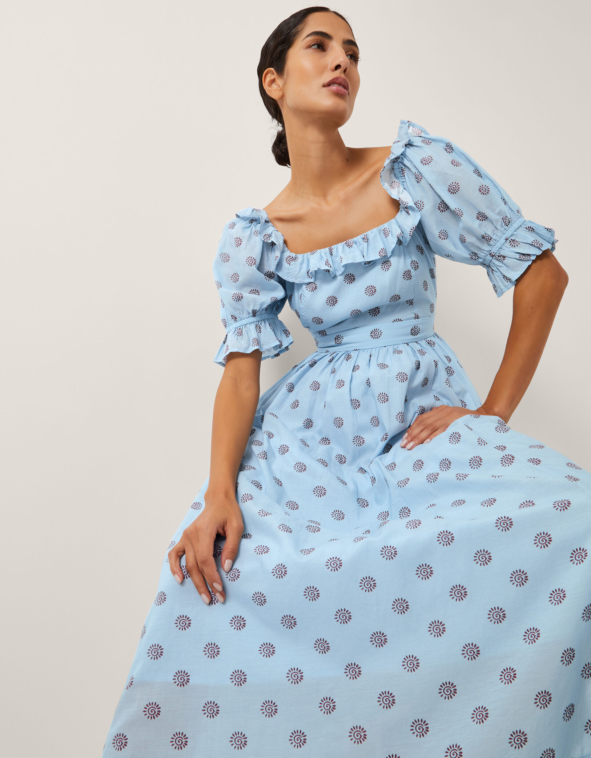 The India Edit Matilda Printed Puff Sleeve Midi Dress Blue