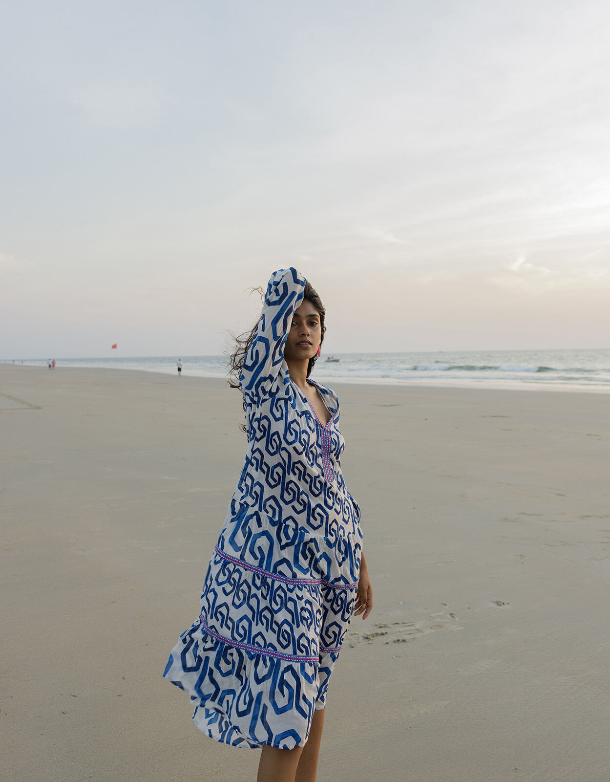 Geometric Print Kaftan Dress in Sustainable Cotton Blue