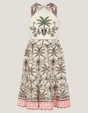Palm Print Embellished Halter Dress, Ivory (IVORY), large