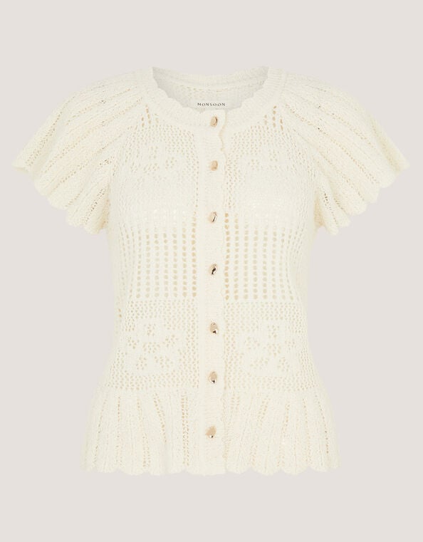 Indi Short Sleeve Floral Pointelle Cardigan, Ivory (IVORY), large