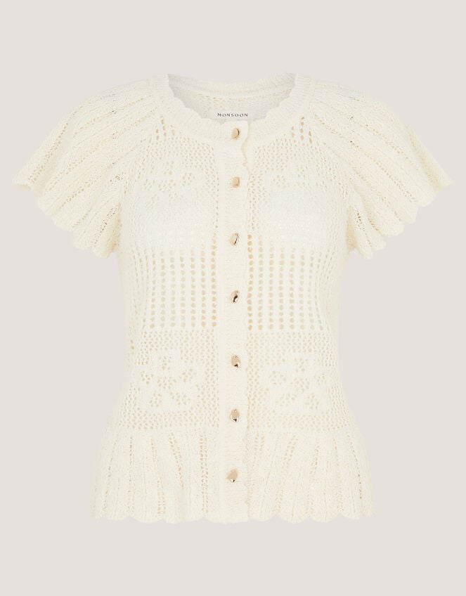 Indi Short Sleeve Floral Pointelle Cardigan, Ivory (IVORY), large