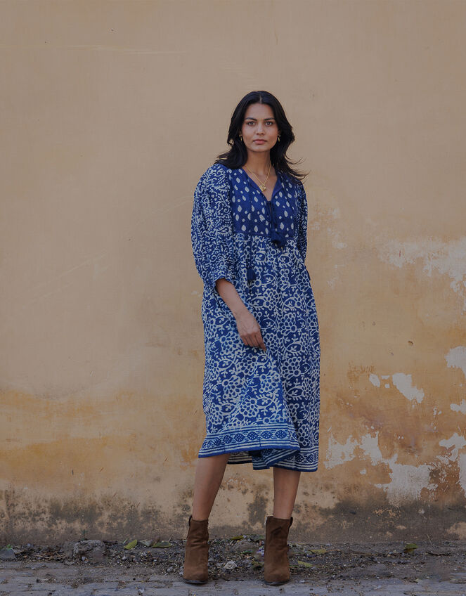 Dilli Grey Paisley Midi Dress, Blue (INDIGO), large