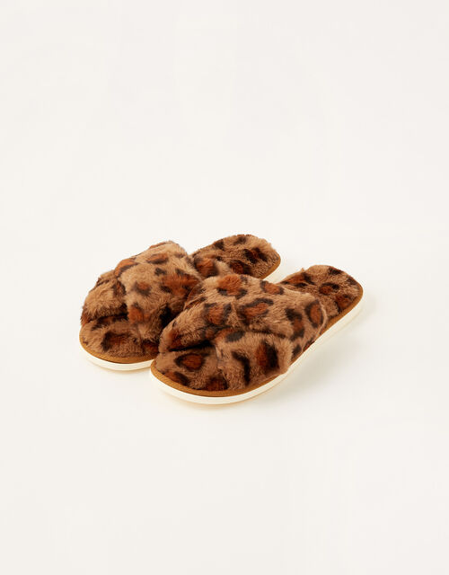 Animal Faux Fur Slippers, Brown (BROWN), large