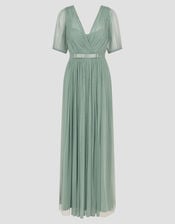 Ellie Sheer Sleeve Plunge Tulle Maxi Dress, Green (SAGE), large