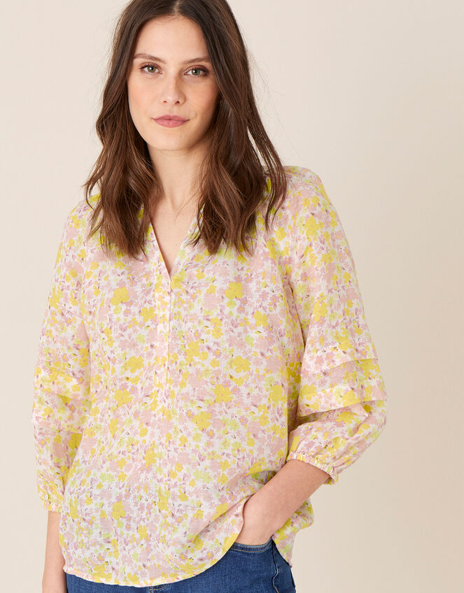 Printed Long Sleeve Top in Linen Gauze, Ivory (IVORY), large