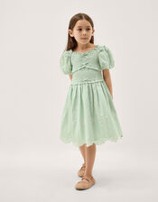 Embroidered Puff Sleeve Smocked Dress, Green (GREEN), large