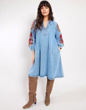 East Embroidered Denim Dress, Blue (BLUE), large