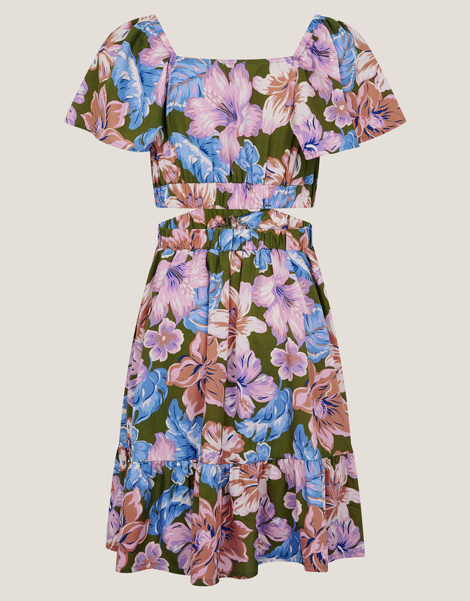 Floral Short Sleeve Cut Out Dress, Green (KHAKI), large