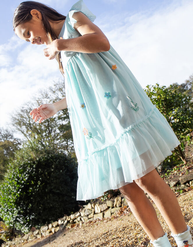 Frugi Embroidered Flower Tulle Dress, Blue (BLUE), large