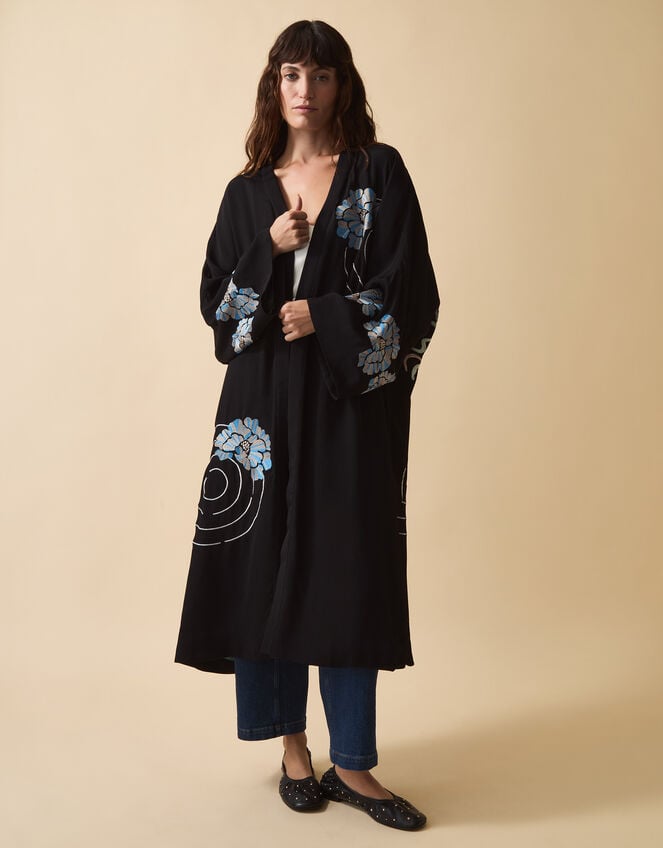 Clemence Butterfly Embroidered Long Kimono Black