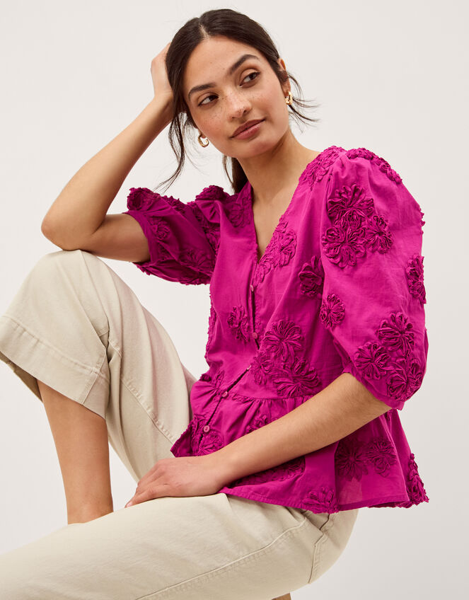 Tammy Puff Sleeve Embroidered Top Pink