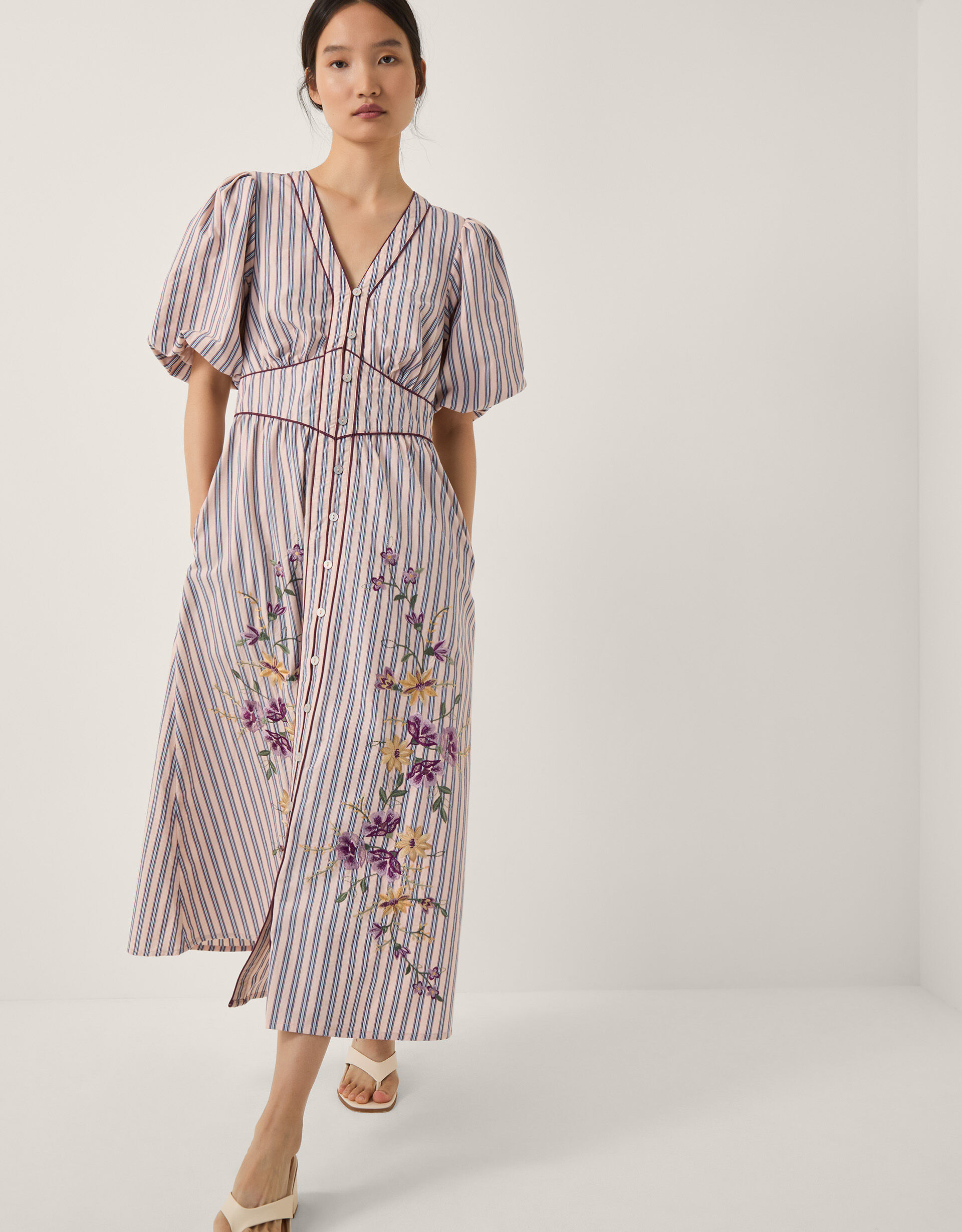 Alexis Embroidered Stripe Midi Dress Pink