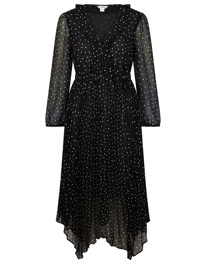 Spot Print Pleated Hanky Hem Dress, Black (BLACK), large