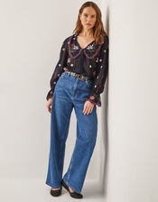 Laila Sheer Embroidered Collar Blouse, Black (BLACK), large