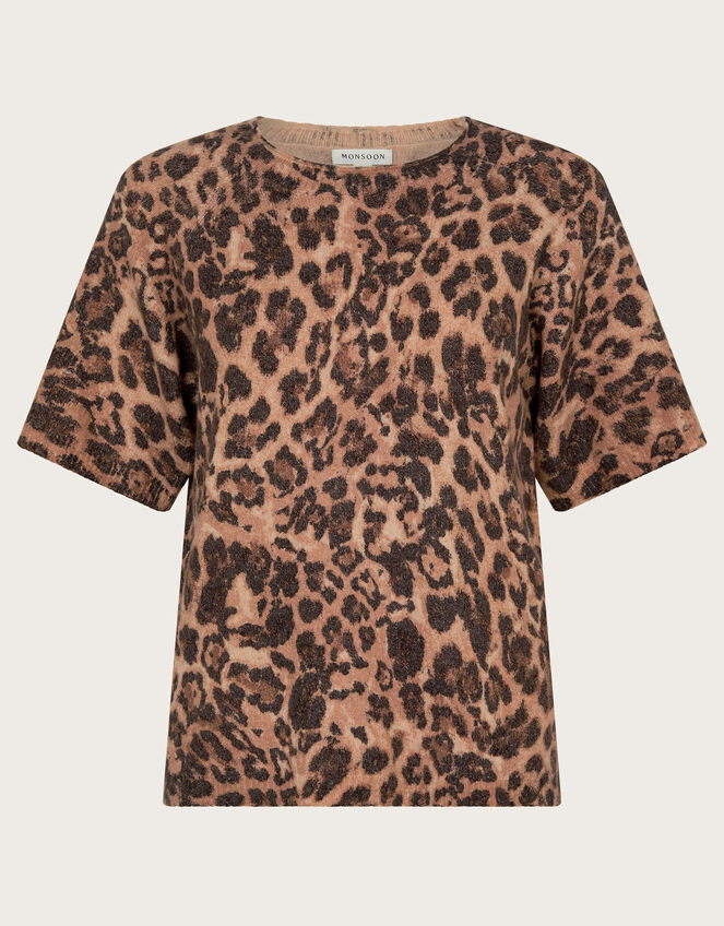 Amy Leopard Print Short Sleeve Jumper, Brown (BROWN), large