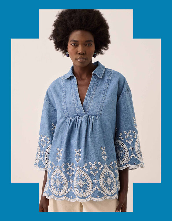 East Coralie Broderie Denim Top, Blue (BLUE), large