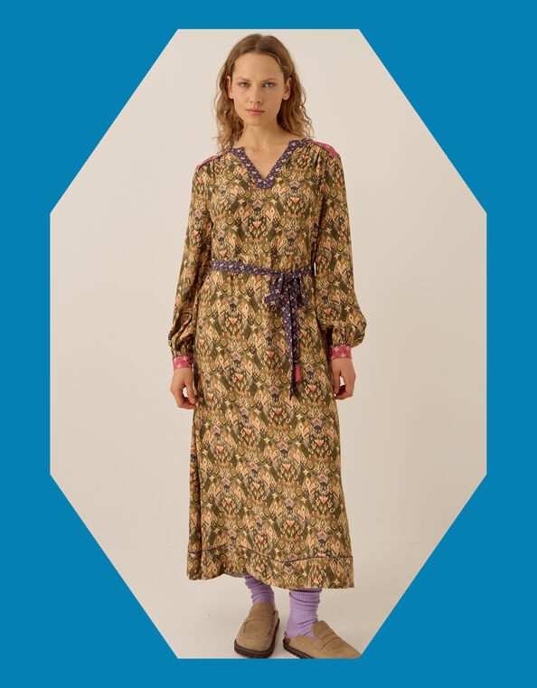 East Ikat Print Midi Dress, Green (GREEN), large