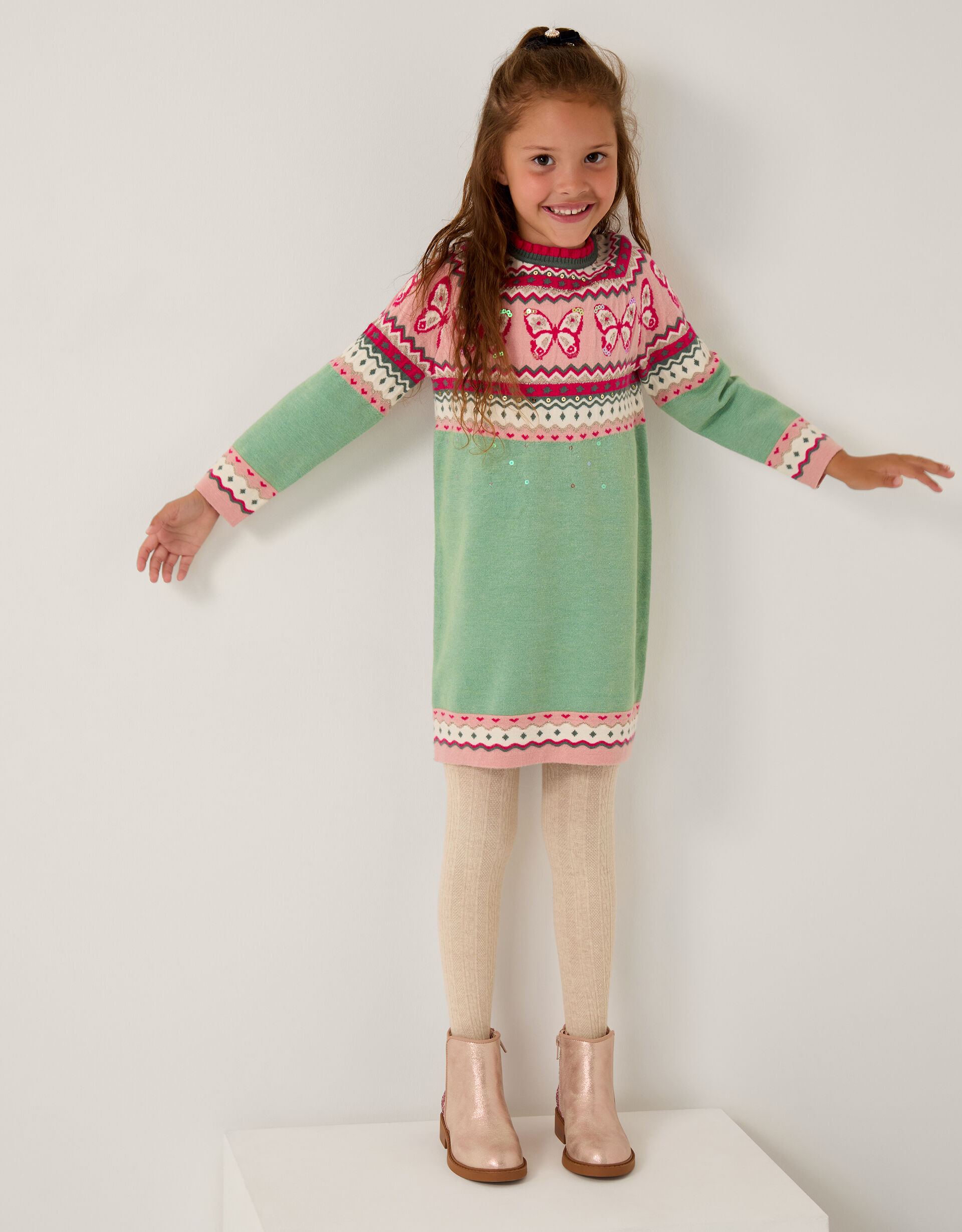 Butterfly Fair Isle Jumper Dress Green
