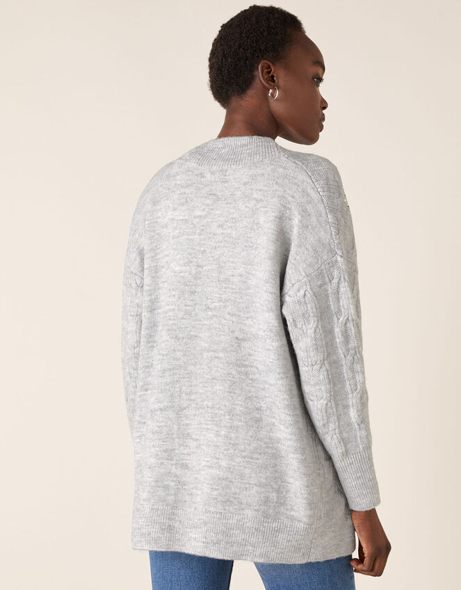 Embellished Cable Knit Cardigan, Grey (GREY MARL), large